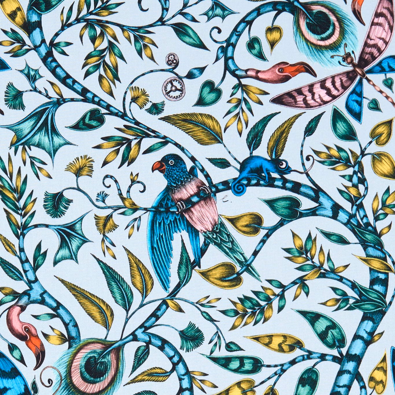 Eggshell fabric with teal branches, colourful birds, monkey and curling leaves