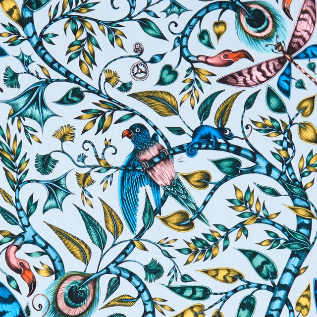 Eggshell fabric with teal branches, colourful birds, monkey and curling leaves