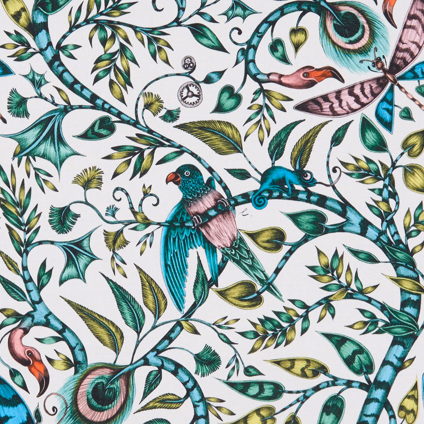 Turquoise birds and curling teal foliage on an ivory printed fabric ground
