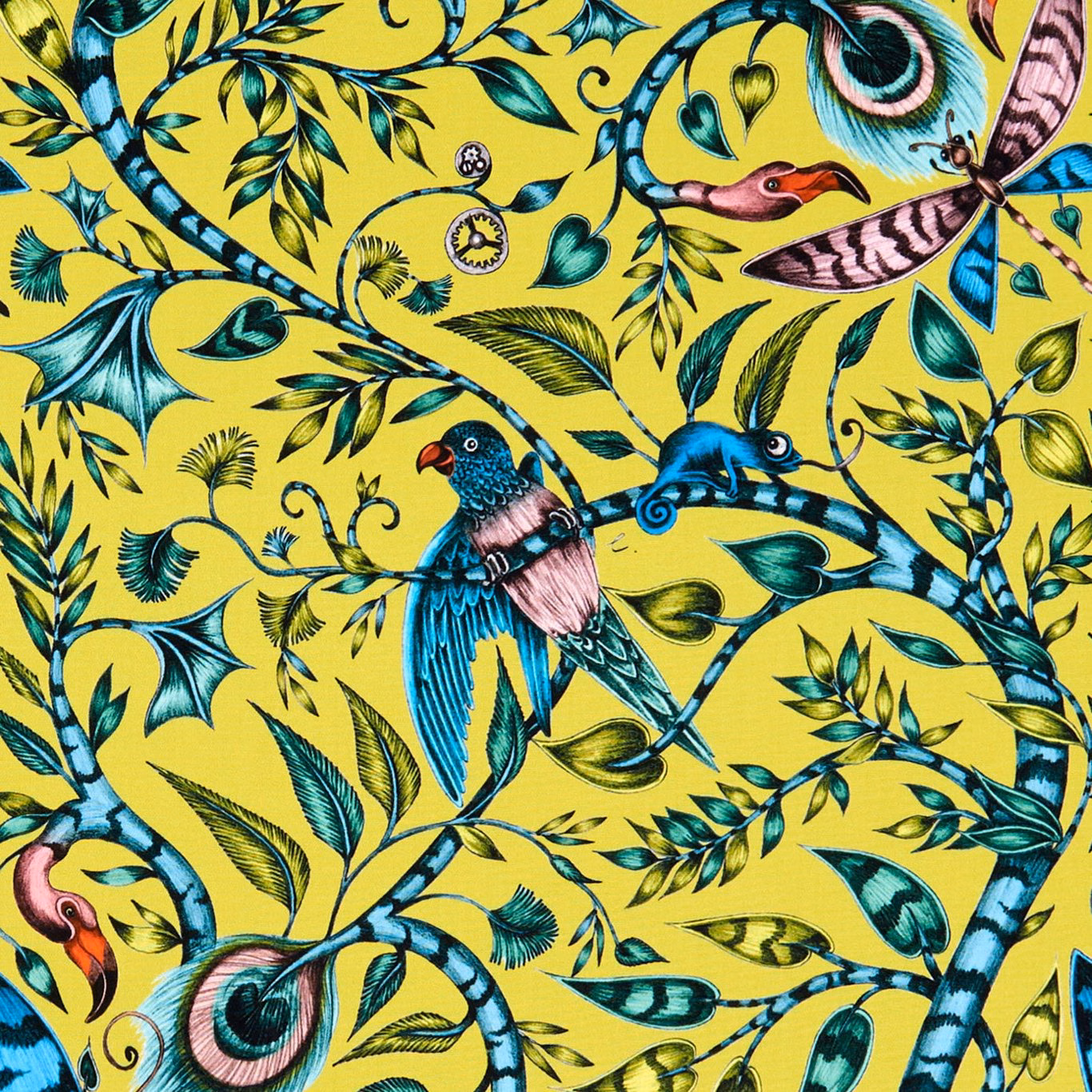 Lime-yellow fabric with turquoise vines, exotic birds, pink accents and fine illustrated foliage