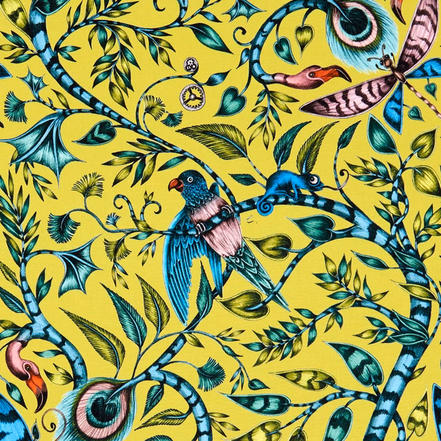 Lime-yellow fabric with turquoise vines, exotic birds, pink accents and fine illustrated foliage
