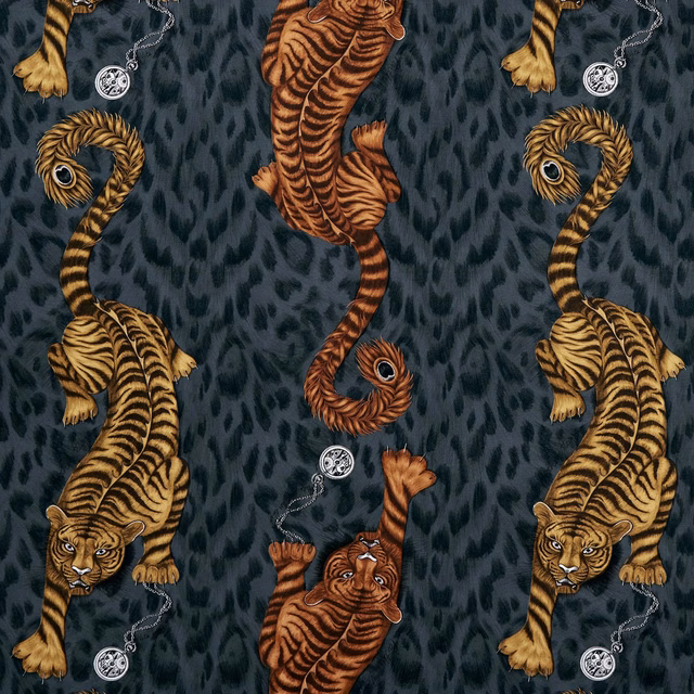 Slate-blue Tigris fabric with rust tigers, ochre stripes and silver medallions