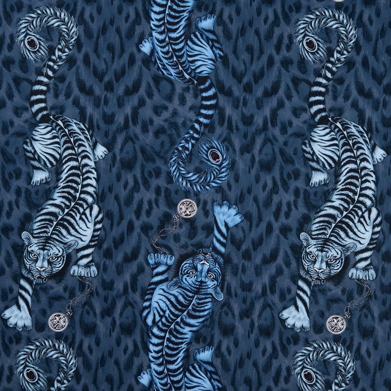 Deep navy fabric with icy blue striped tigers and curling animal motifs