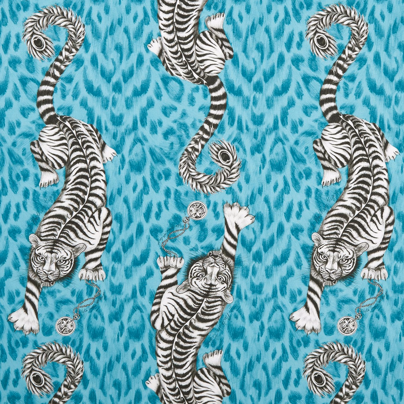 Vivid teal fabric showing black-and-white striped tigers amid mottled darker teal marks