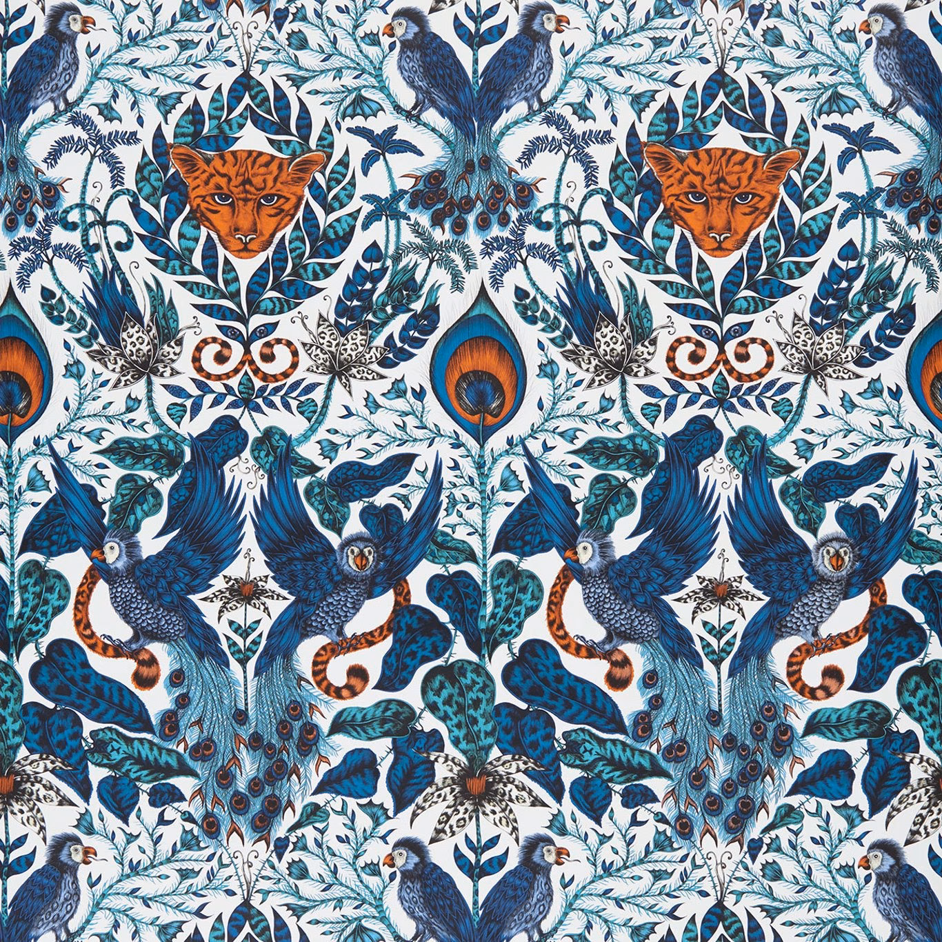 Amazon Blue wallpaper with navy peacocks, an orange fox and teal botanical detail