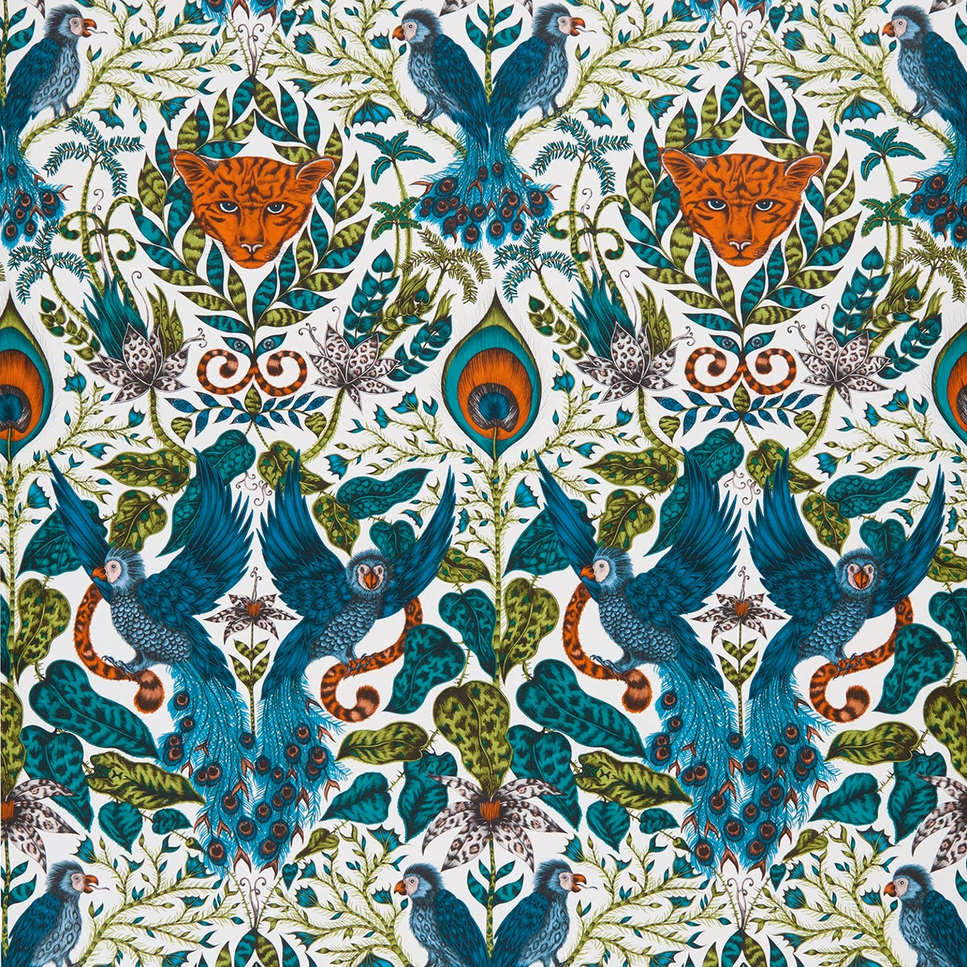 Ivory wallpaper with teal peacocks, orange tiger faces and botanical foliage