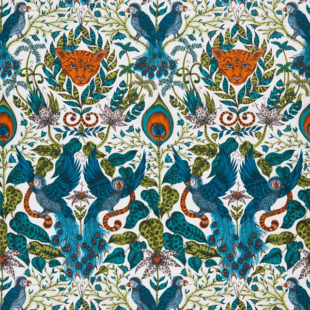 Ivory wallpaper with teal peacocks, orange tiger faces and botanical foliage
