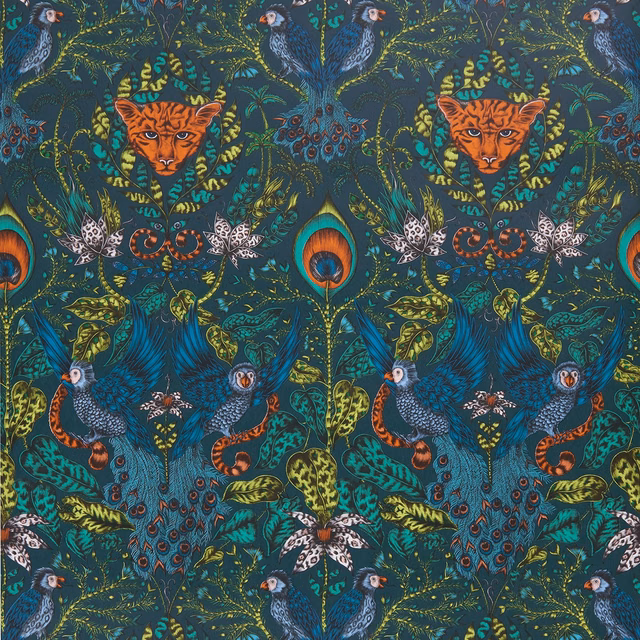 Deep navy Animalia wallpaper with orange tiger, peacocks and curling teal foliage