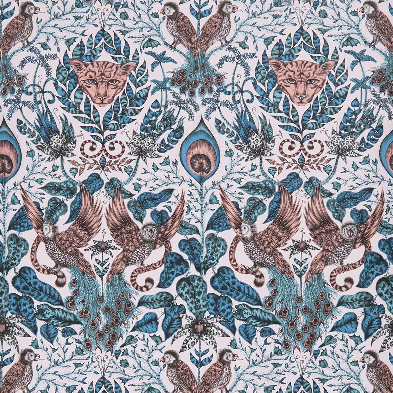Blush pink wallpaper with teal peacocks, birds, big cats and dense botanical foliage