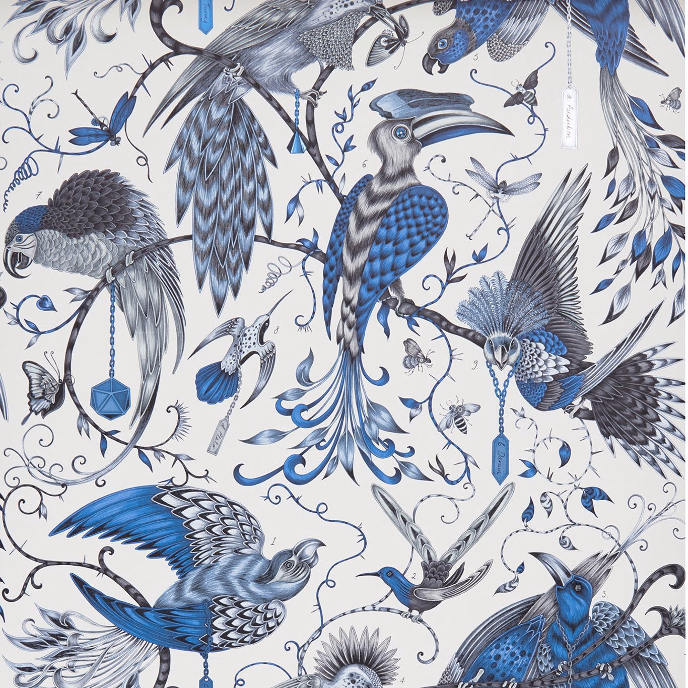 Blue and cream wallpaper with ornate birds, butterflies, pendants and curling foliage