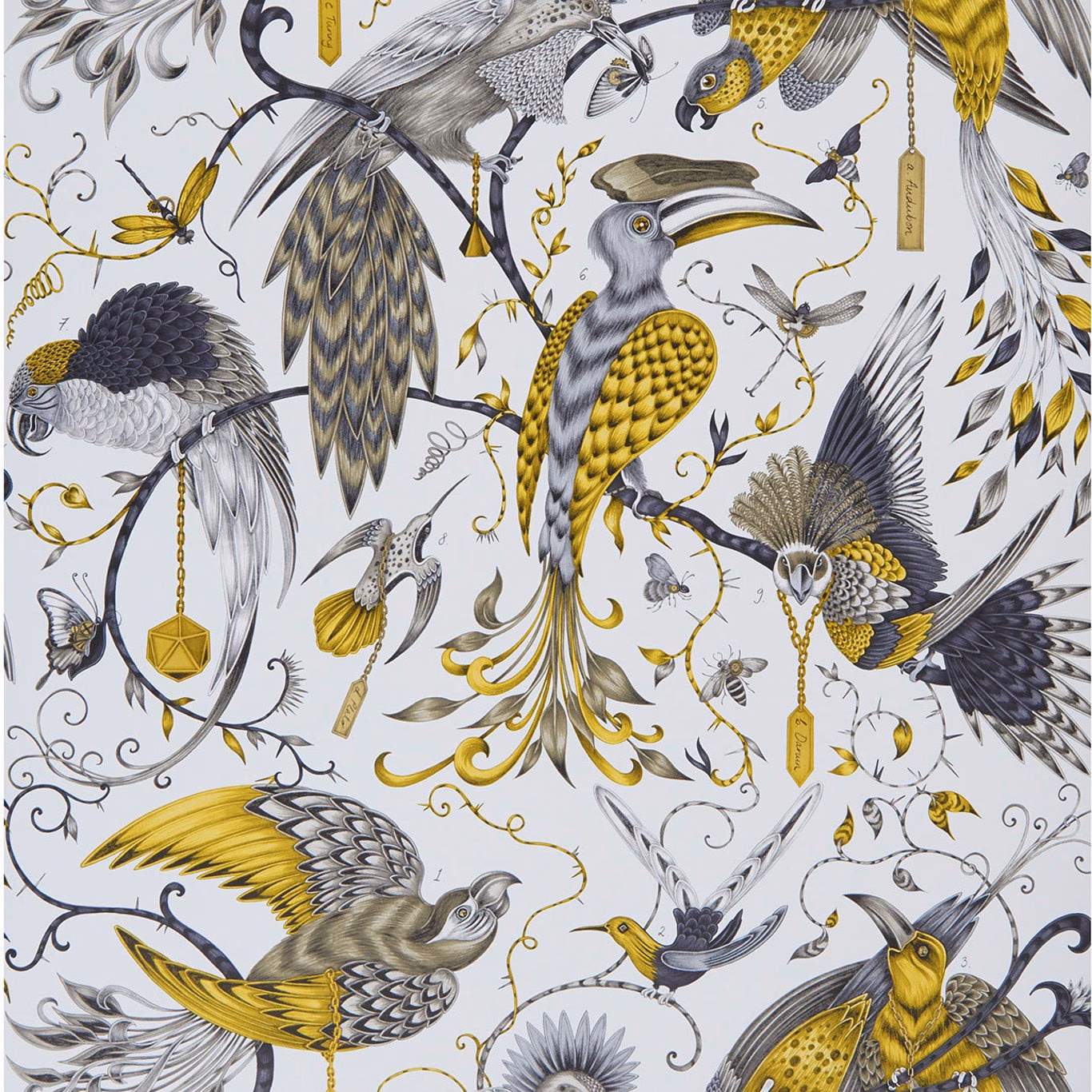 Pale grey wallpaper with gold-feathered birds, charcoal outlines and curling foliage