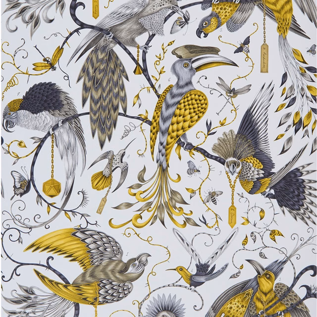 Pale grey wallpaper with gold-feathered birds, charcoal outlines and curling foliage