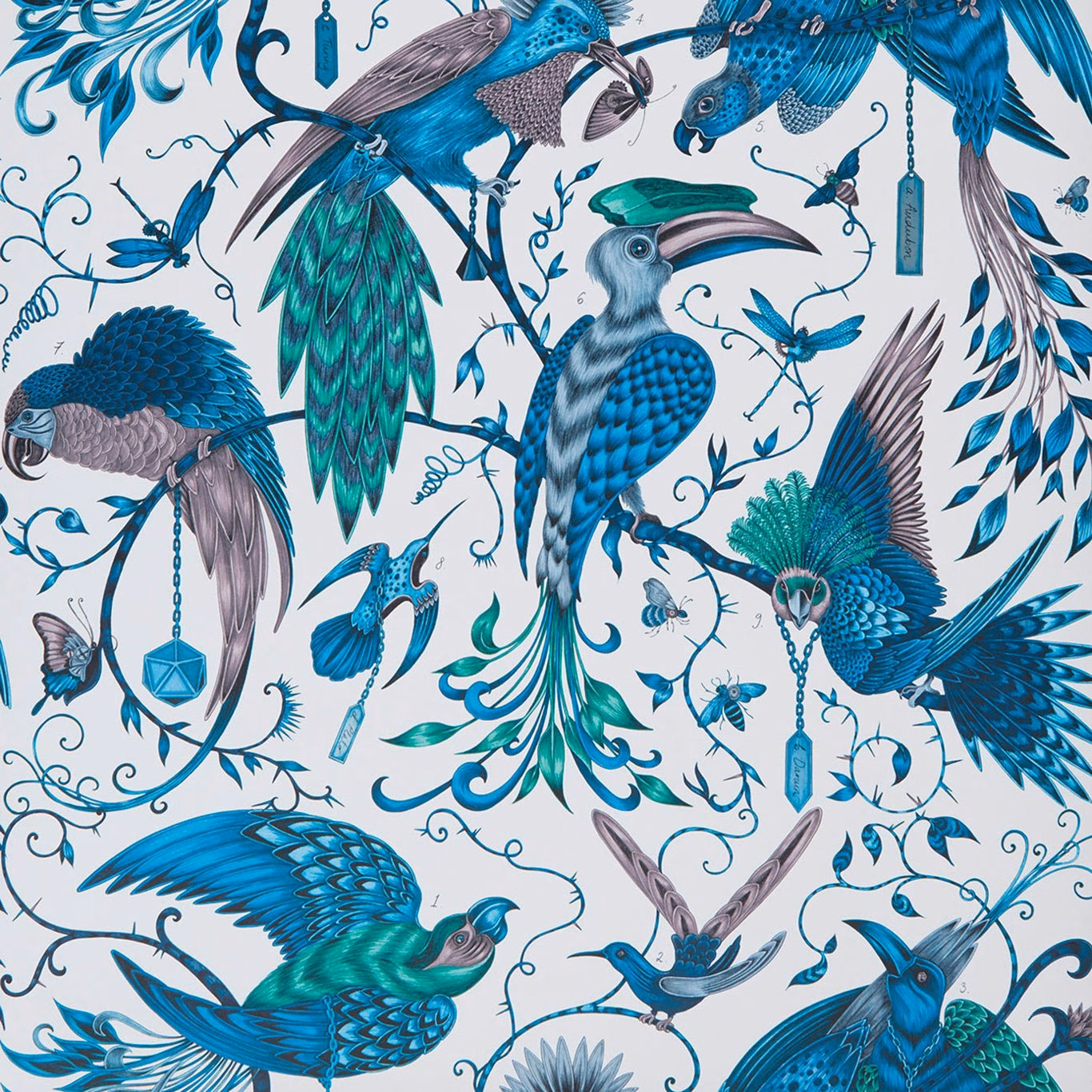 Cobalt and turquoise exotic birds among curling vines on a pale wallpaper ground