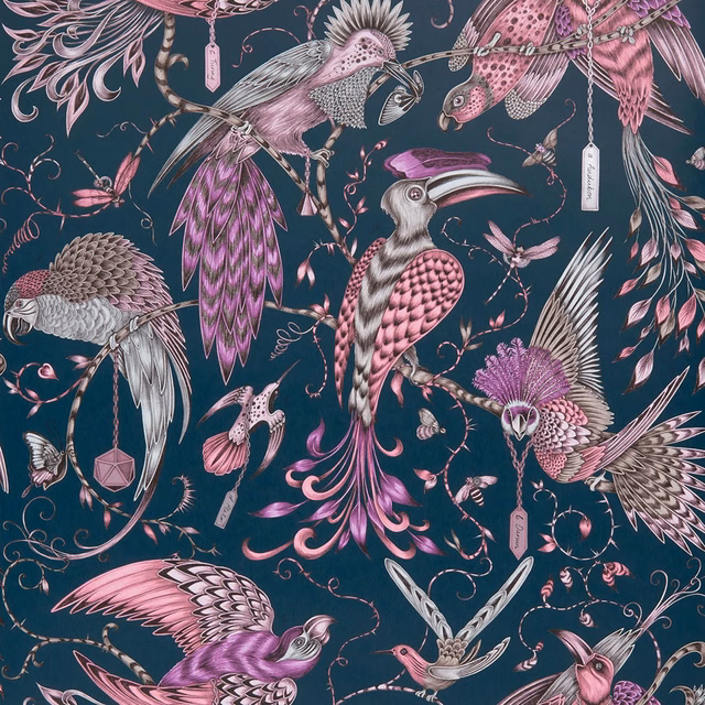 Pink and mauve exotic birds with ornate feathers on an ink-teal wallpaper ground