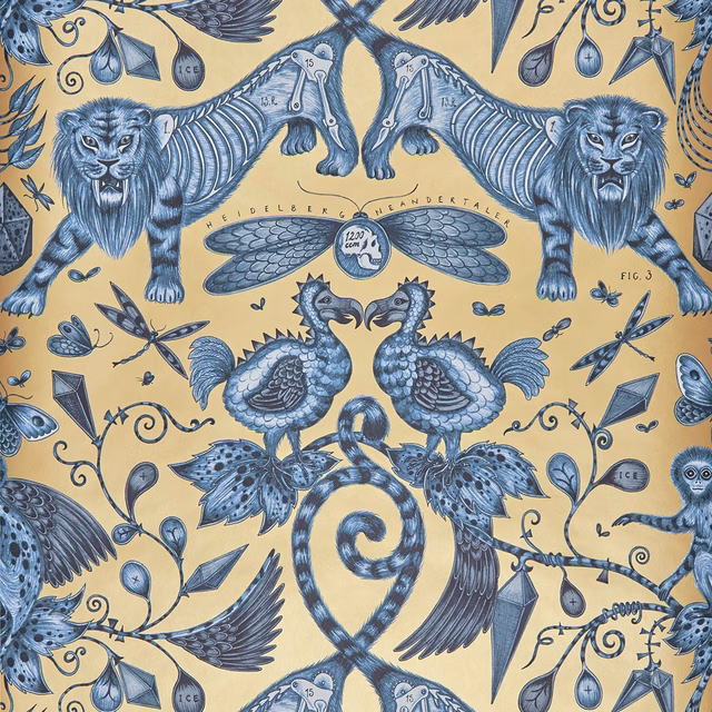 Ochre wallpaper with blue-grey lions, winged birds, insects and botanical illustrations