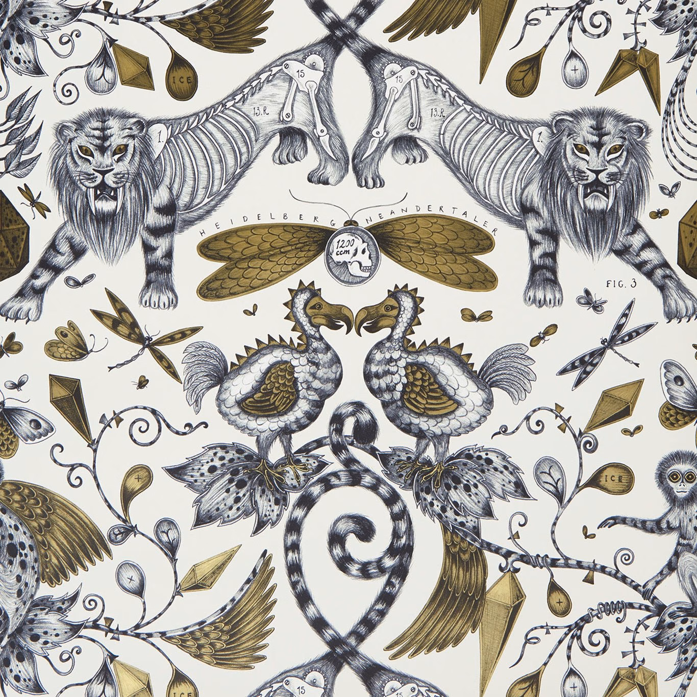 Antique gold and ivory wallpaper with grey lions, mirrored birds and curling botanical motifs