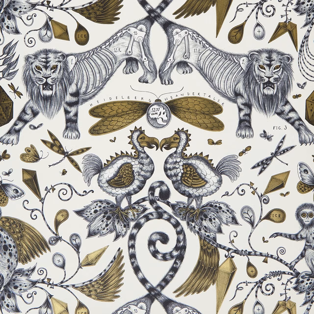 Antique gold and ivory wallpaper with grey lions, mirrored birds and curling botanical motifs