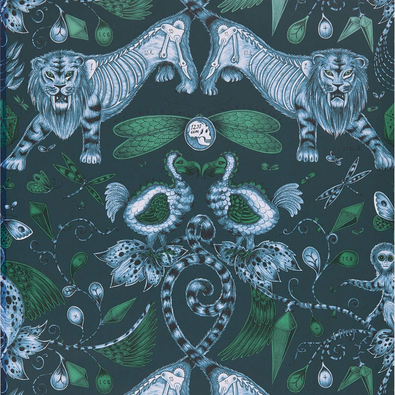 Deep navy wallpaper with mirrored lions, teal foliage, pale birds and jewel-like botanical motifs