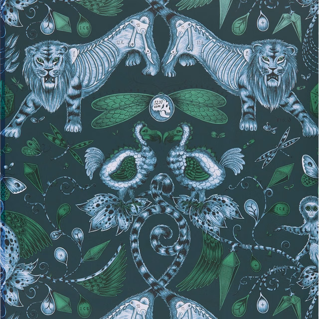 Deep navy wallpaper with mirrored lions, teal foliage, pale birds and jewel-like botanical motifs