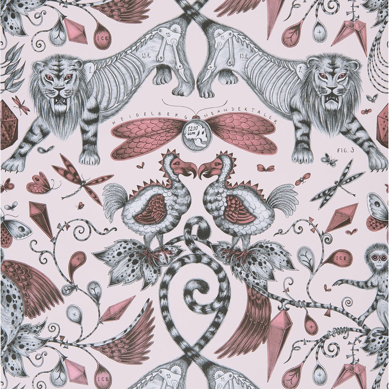 Blush-pink Animalia wallpaper with grey lions, rose birds and curling botanical details