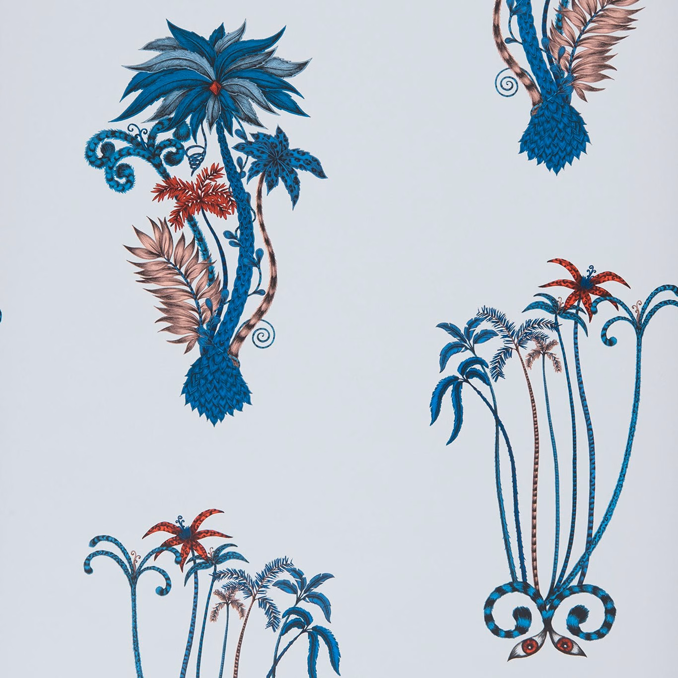 Blue-grey wallpaper with teal palms, rust flowers, blush fronds and curling stems