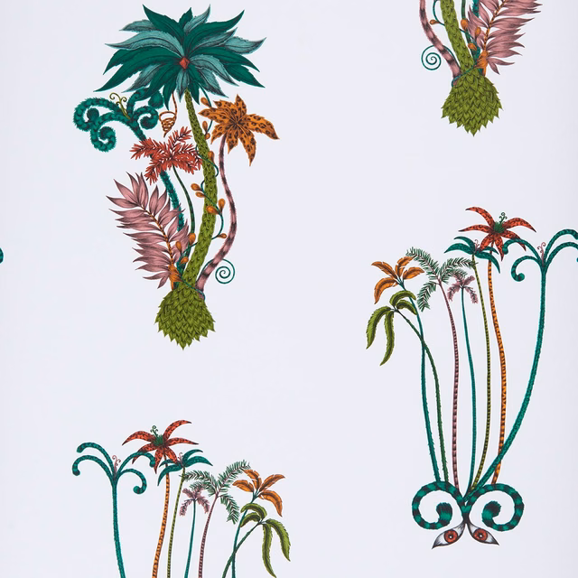 Pale blue-white wallpaper with teal palm clusters, emerald leaves and rust botanical accents