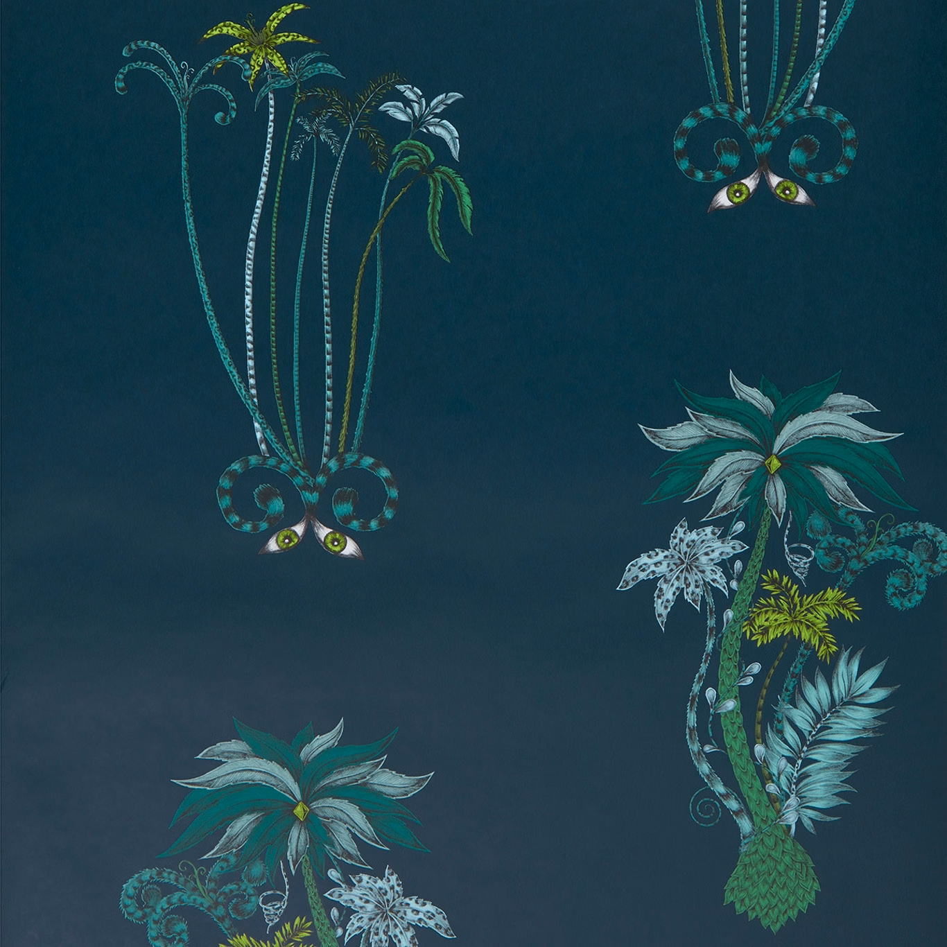 Dark navy wallpaper with teal palms, curling foliage and small watchful eyes