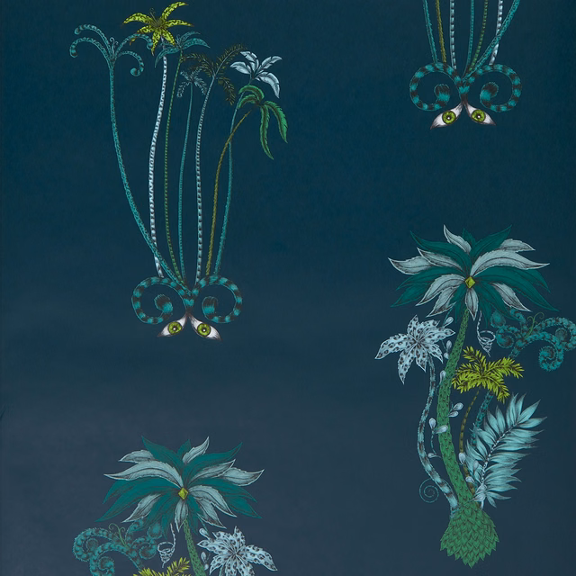 Dark navy wallpaper with teal palms, curling foliage and small watchful eyes