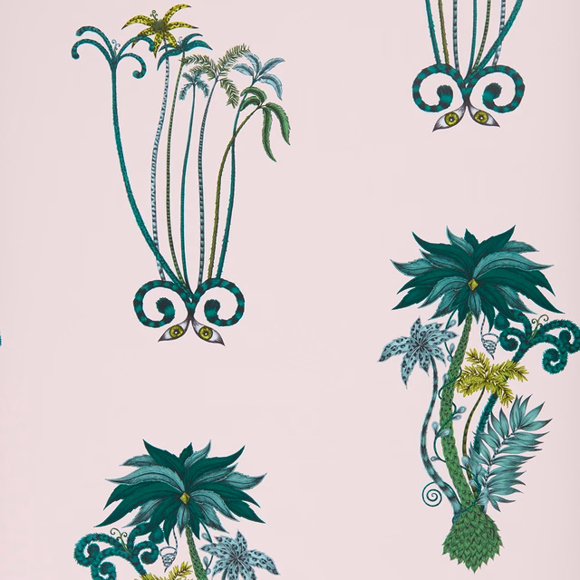 Blush-pink wallpaper with teal palms, green pineapples and curling animal motifs
