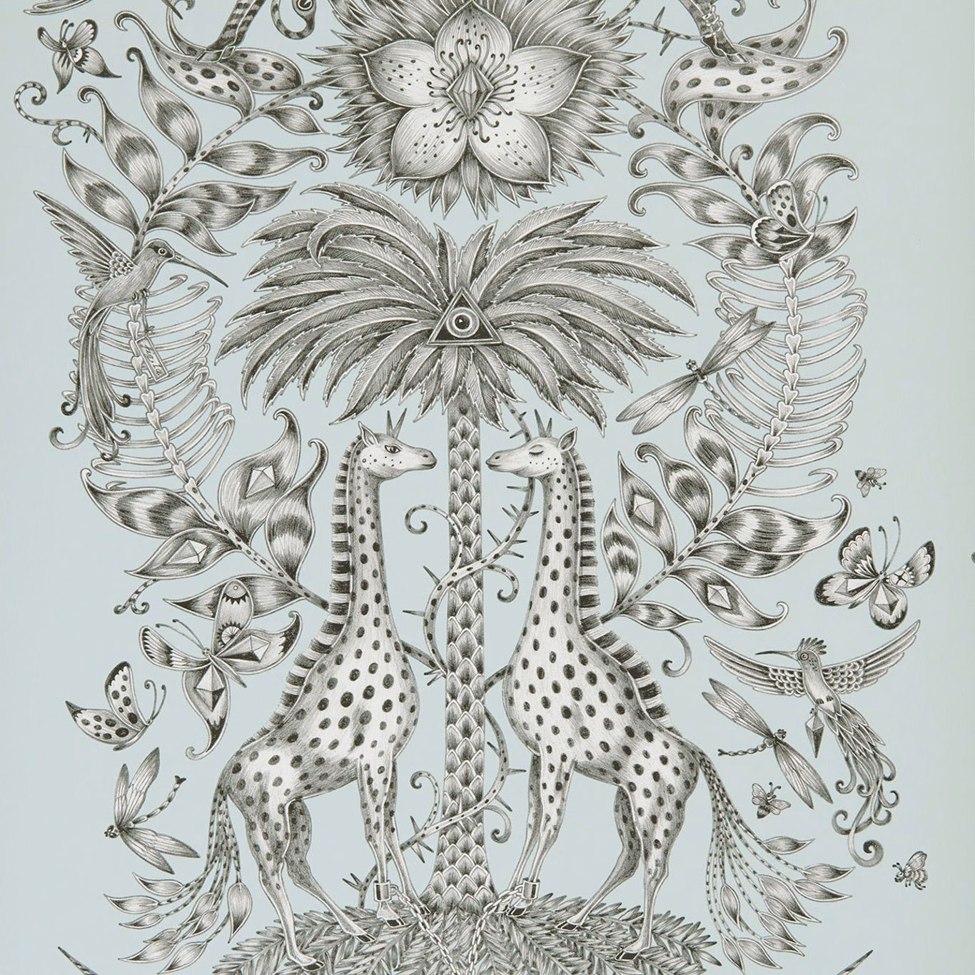 Pale eggshell wallpaper with two spotted giraffes and intricate grey botanical illustration