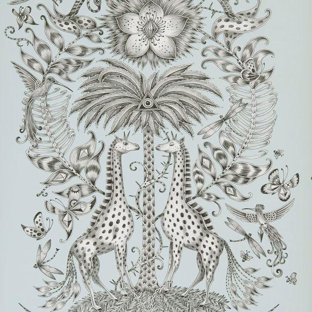 Pale eggshell wallpaper with two spotted giraffes and intricate grey botanical illustration