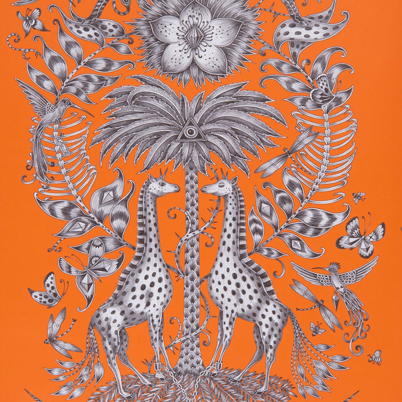 Vivid orange wallpaper with silver-grey giraffes, palms, flowers and fine illustrated foliage