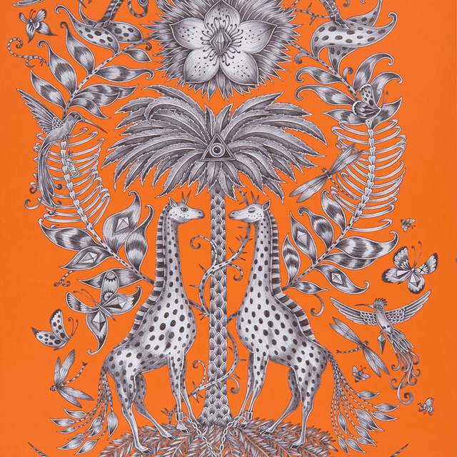 Vivid orange wallpaper with silver-grey giraffes, palms, flowers and fine illustrated foliage
