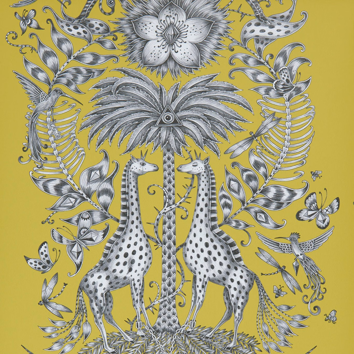 Lime chartreuse wallpaper with twin spotted giraffes, grey botanicals and a central flower