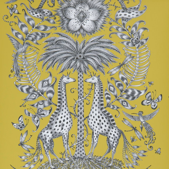Lime chartreuse wallpaper with twin spotted giraffes, grey botanicals and a central flower