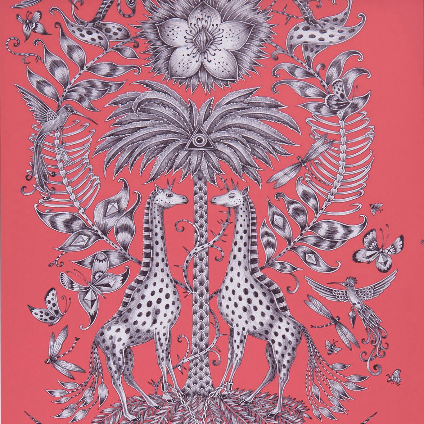 Saturated magenta wallpaper with mirrored spotted giraffes, grey foliage and a central flower
