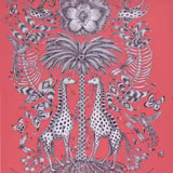 Saturated magenta wallpaper with mirrored spotted giraffes, grey foliage and a central flower
