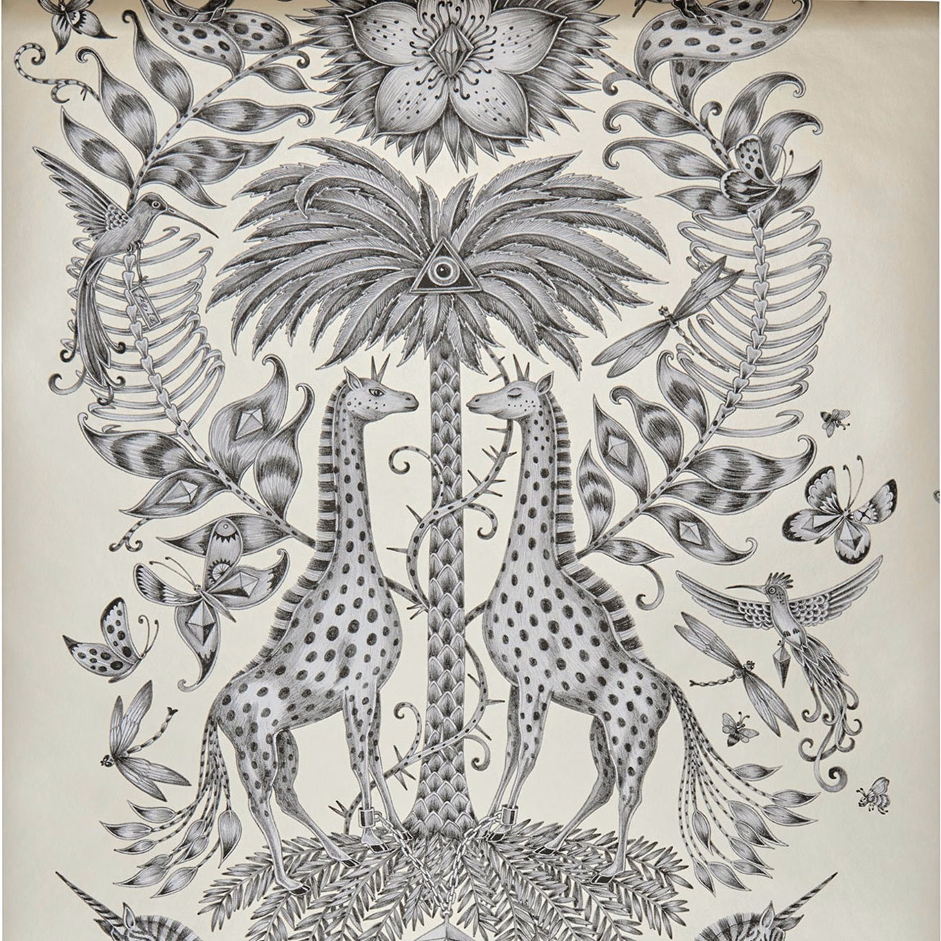 Soft grey giraffes and palms form an intricate monochrome scene on ivory