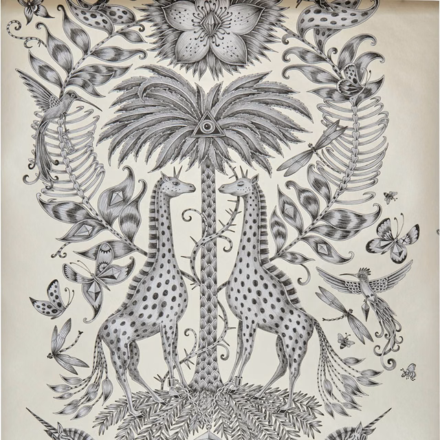 Soft grey giraffes and palms form an intricate monochrome scene on ivory