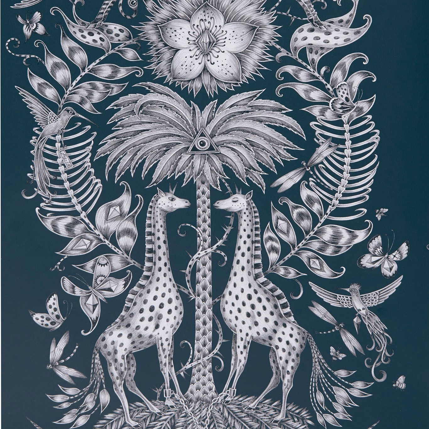 Dark navy-teal wallpaper with silver giraffes, foliage, butterflies and a central flower
