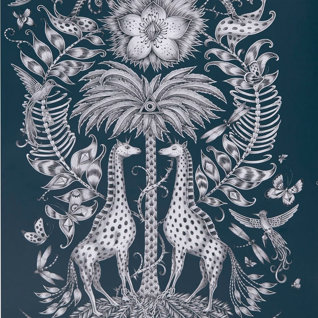 Dark navy-teal wallpaper with silver giraffes, foliage, butterflies and a central flower