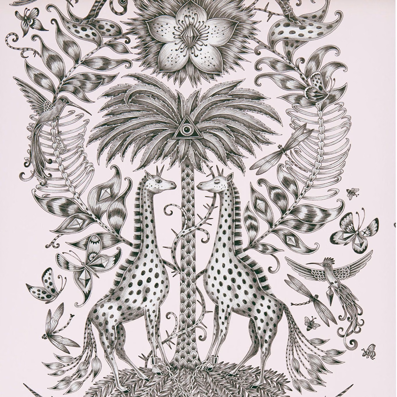 Pale blush wallpaper with charcoal spotted giraffes and ornate botanical foliage