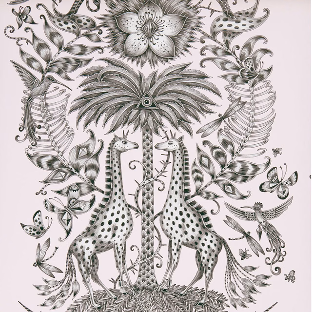 Pale blush wallpaper with charcoal spotted giraffes and ornate botanical foliage