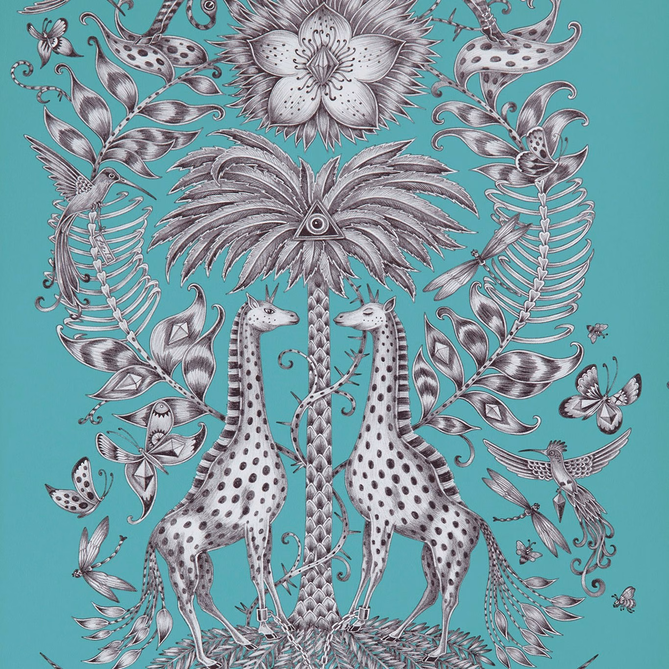 Cool teal wallpaper with two spotted giraffes, silver botanical linework and butterflies