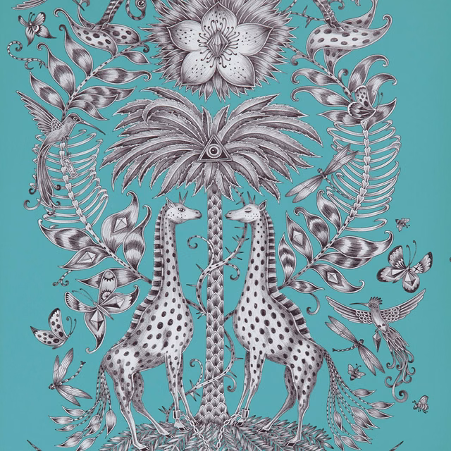 Cool teal wallpaper with two spotted giraffes, silver botanical linework and butterflies