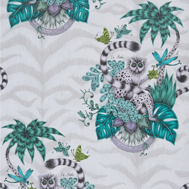 Cool grey wallpaper with teal jungle leaves, ring-tailed lemur and dragonfly motifs