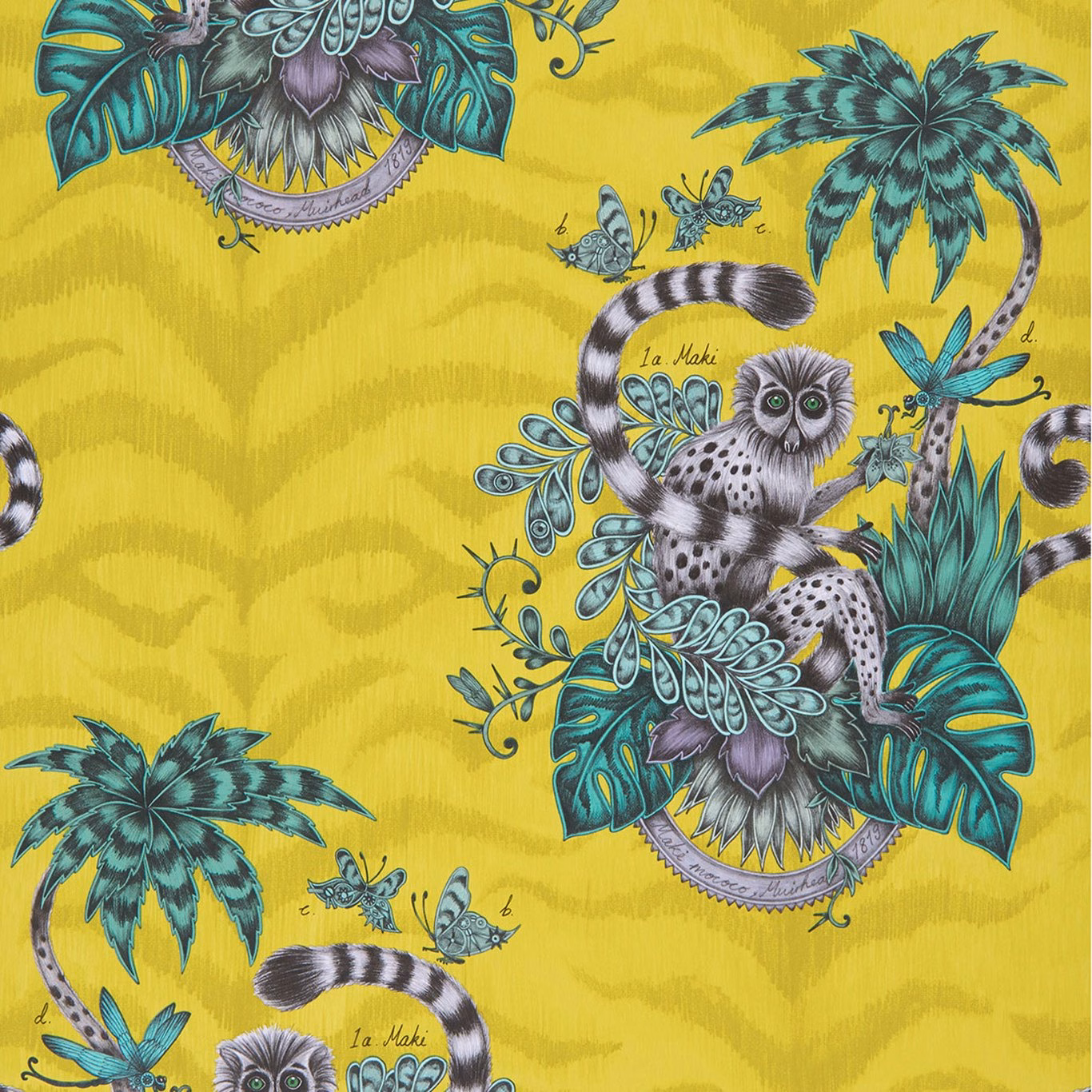 Vivid lime wallpaper with striped lemurs, palm leaves, butterflies and teal jungle foliage