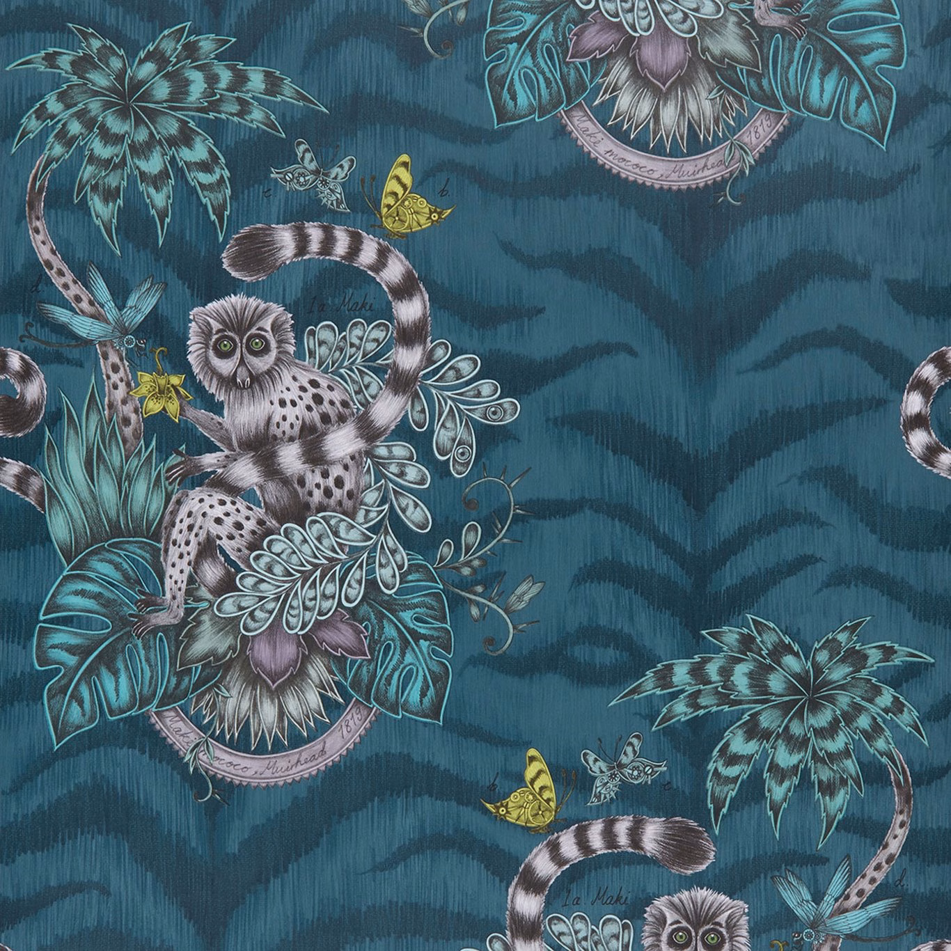 Deep teal navy wallpaper with a spotted lemur, palms, butterflies and striped tail