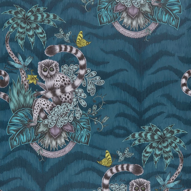 Deep teal navy wallpaper with a spotted lemur, palms, butterflies and striped tail