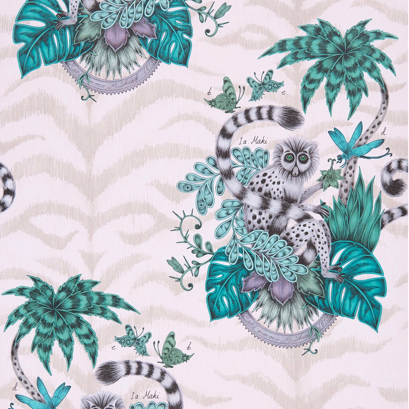 Dusty pink wallpaper with teal tropical leaves, butterflies and illustrated lemurs